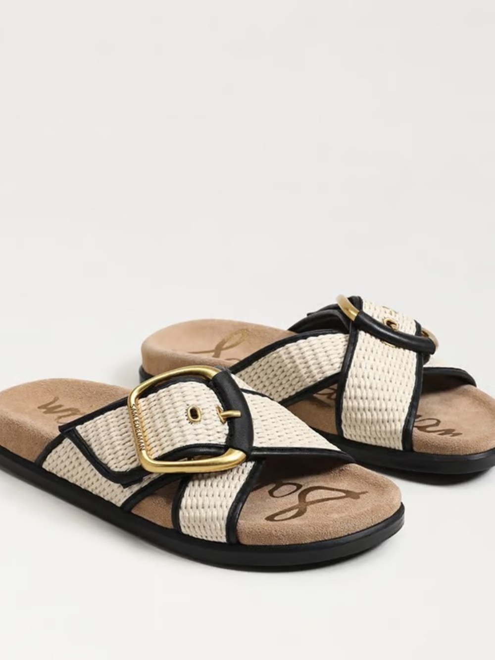 Sam Edelman Ivory Woven Slide Sandals with Gold Buckle